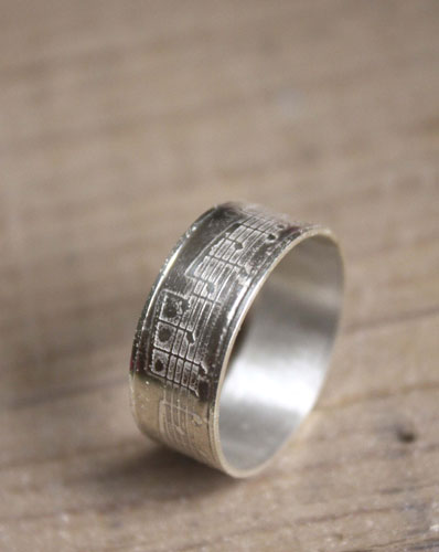 Crescendo, music notation ring in sterling silver