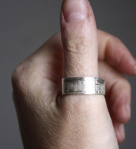 Crescendo, music notation ring in sterling silver