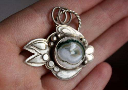 Blowfish 2, fugu fish, pufferfish pendant in sterling silver and ocean jasper
