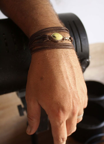 Hemere, Greek light bracelet in sterling silver, leather and lemon jade