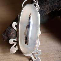 Shiroi Ha, white oak leaf tree pendant in sterling silver and dendritic agate