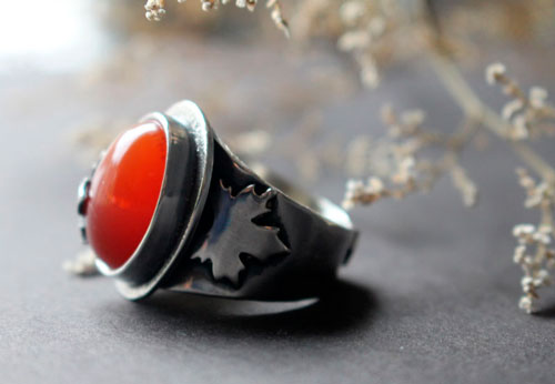 Autumn red leaf, maple leaf saddle ring in sterling silver and carnelian