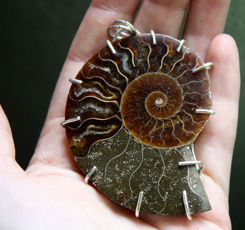 Cephalopoda, witness history pendant in sterling silver and fossilized ammonite
