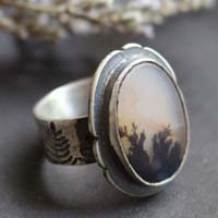 Dusk flowers, flower landscape ring in sterling silver and dendritic agate