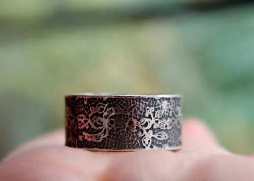 Embroidery, etched lace ring in sterling silver
