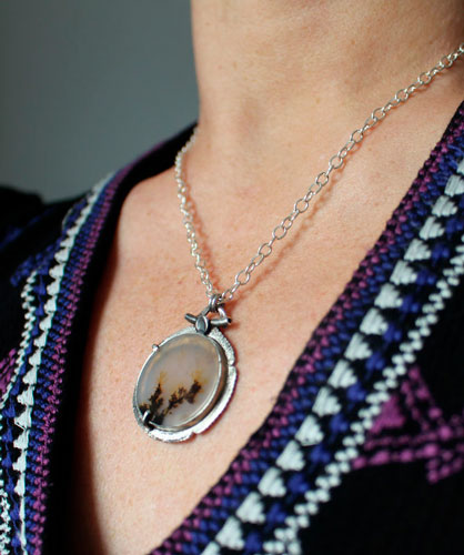 Flowers in winter, landscape necklace in sterling silver and dendritic agate