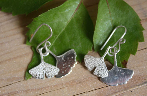 Ginkgo biloba, vegetal leaf earrings in sterling silver