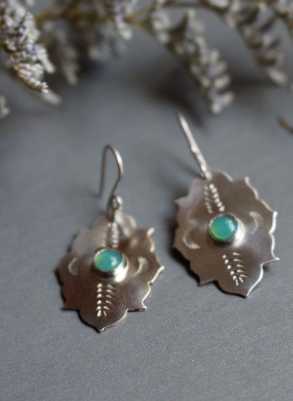 Kirakee, oriental Moorish architecture earrings in sterling silver and chrysoprase