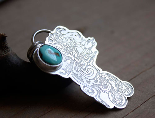 Kukulkan, the Mayan feathered serpent pendant in sterling silver and turquoise