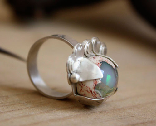 Nebula, astronomy ring in sterling silver and Mexican cantera opal