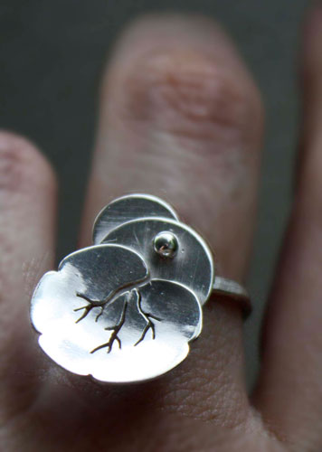 Nympheale, lily pad and lotus ring in sterling silver