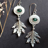 Spirit of the forest, leaf earrings in sterling silver and green tourmaline