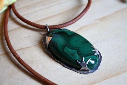 The realm of the crow, bird pendant in sterling silver and malachite