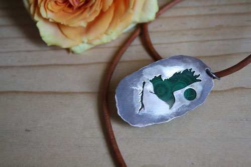 The realm of the crow, bird pendant in sterling silver and malachite