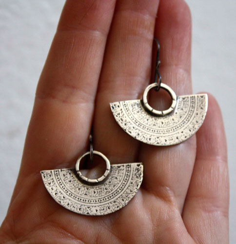 Tribal, Aztec crescent moon earrings in sterling silver