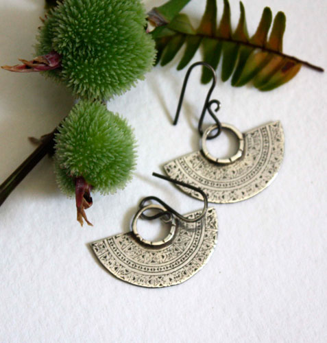 Tribal, Aztec crescent moon earrings in sterling silver