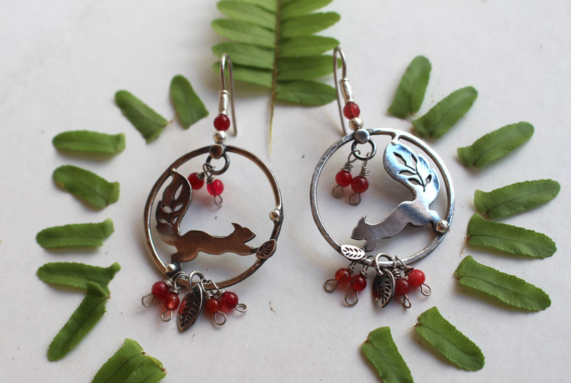 Under the berries, berries and squirrel earrings in sterling silver and coral 