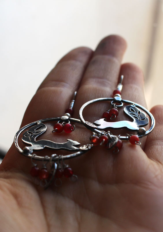Under the berries, berries and squirrel earrings in sterling silver and coral 