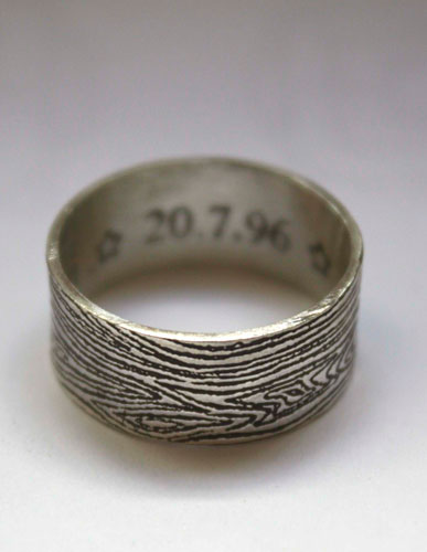 Wedding wood ring, woodgrain etched ring with names and date in sterling silver