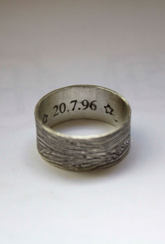 Wedding wood ring, woodgrain etched ring with names and date in sterling silver