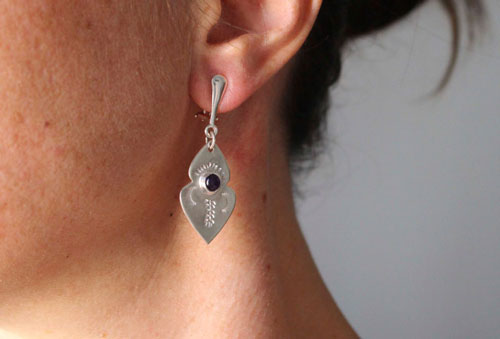 Yuma, arrowhead earrings in sterling silver and amethyst with non-pierced ears clips