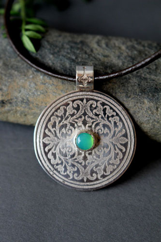 The tree from the sacred place, medieval shield pendant in silver and chrysoprase