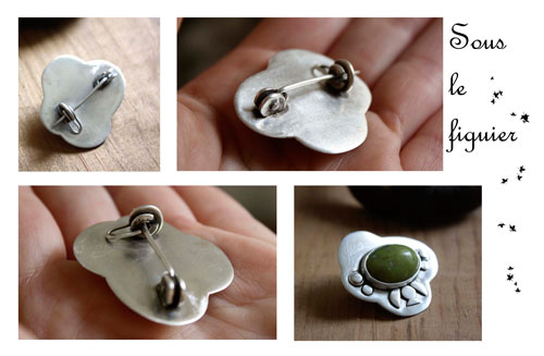 Under the fig tree, vegetal brooch in sterling silver and green aventurine