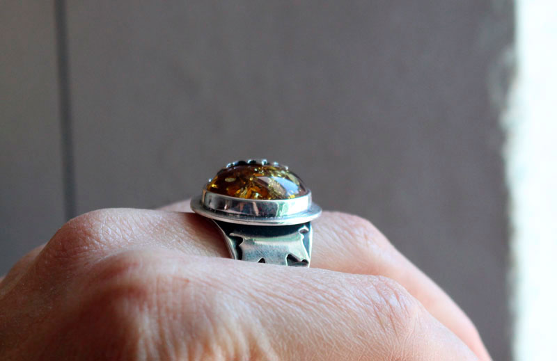 Amber leaf, maple leaf ring in silver and amber