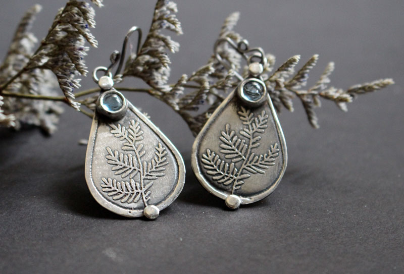 Athena’s olive tree, olive branch earrings in sterling silver and blue zircon