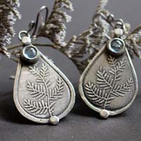 Athena’s olive tree, olive branch earrings in silver and blue zircon