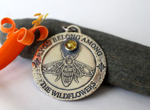 Bee, pollinator insect pendant in sterling silver and amber