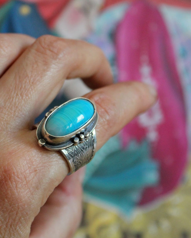 Between the sky and the sea, nautical ring in silver and blue agate