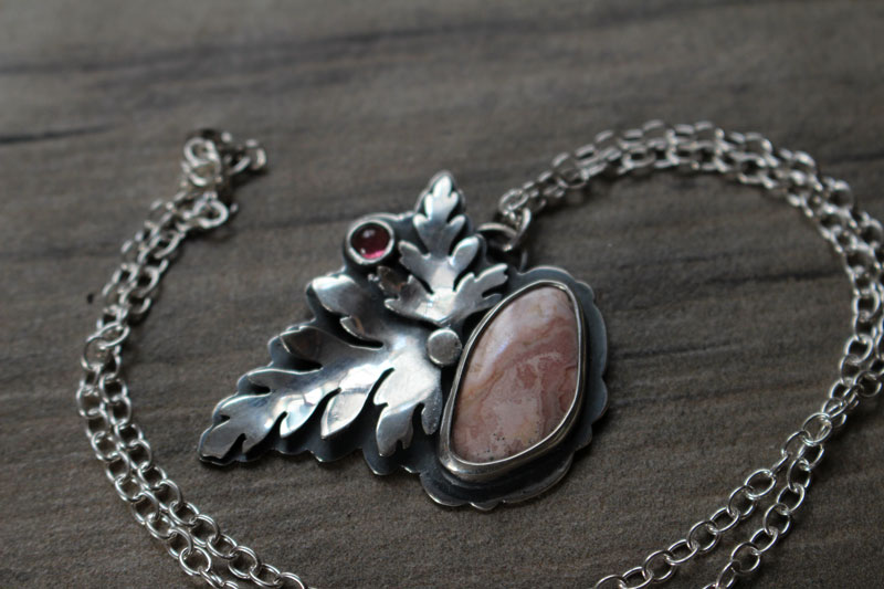 Blossoming, botanical necklace in silver, tourmaline and rhodochrosite