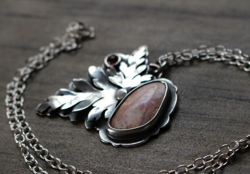 Blossoming, botanical necklace in silver, tourmaline and rhodochrosite