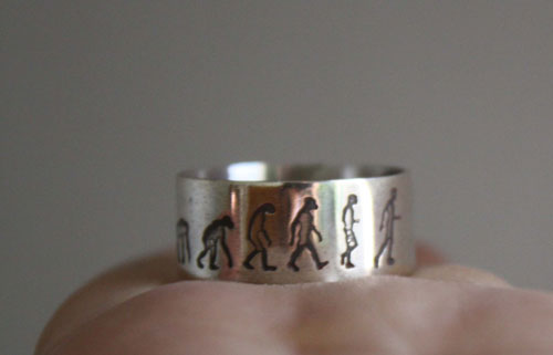 Darwin, evolution theory ring in sterling silver