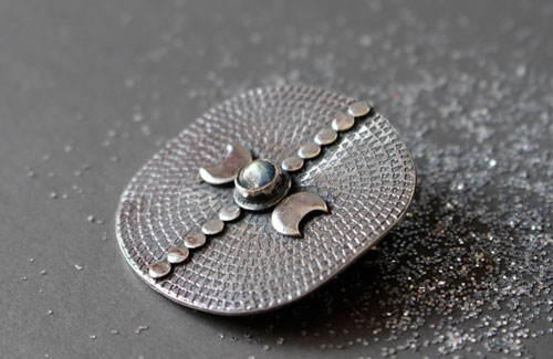 Equinox, moon and astronomy brooch in sterling silver and labradorite