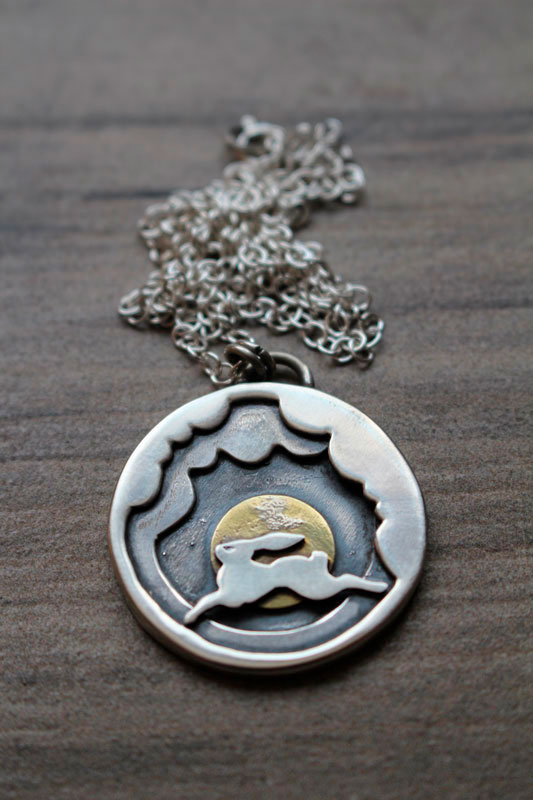 In my dreams, hare in the clouds necklace in sterling silver and brass