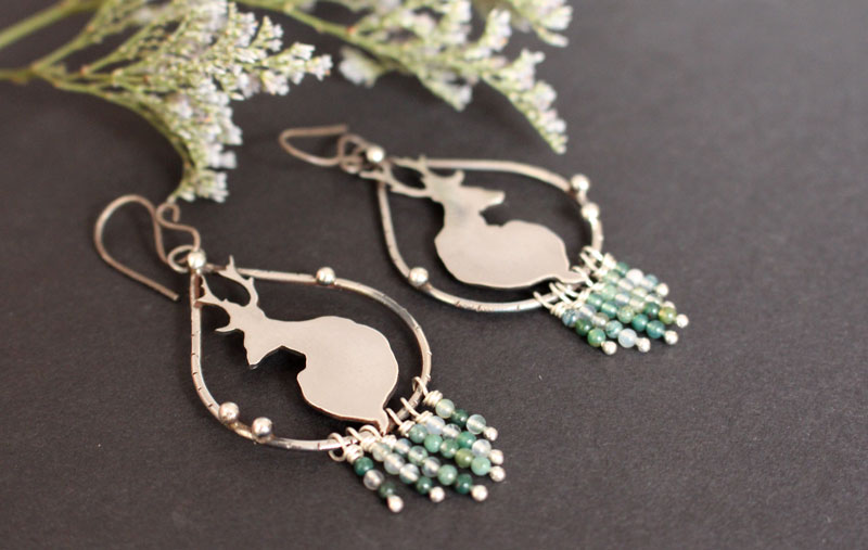 In the quietness of dawn, deer earrings in silver and moss agate beads
