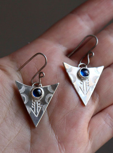 Indian blue, tribal triangle earrings in sterling silver and sapphire