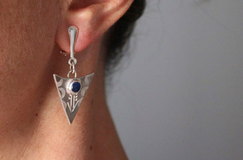 Indian blue, tribal triangle earrings in sterling silver and sapphire for non-pierced ears