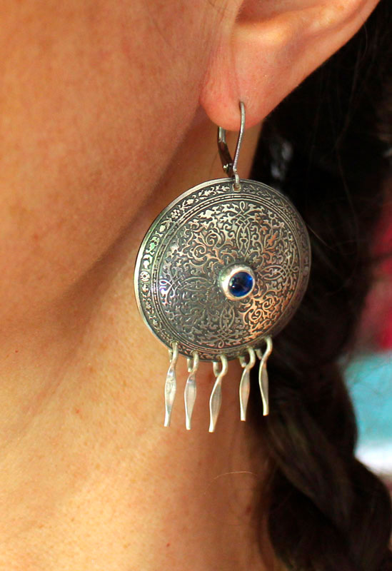 Lady of the lake, medieval scroll earrings in silver and blue zircon