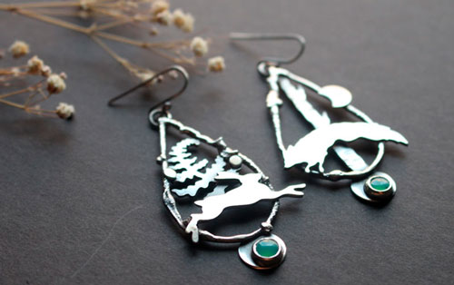 Moonlight race, hare and fox earrings in silver and chrysoprase