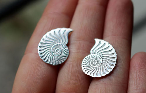 Ophite, ammonite studs earrings in sterling silver
