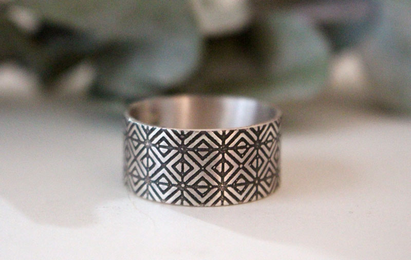 Origami, engraved Japanese geometric ring in sterling silver
