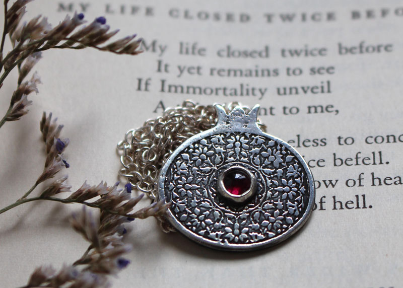 Persephone, pomegranate necklace in silver and garnet