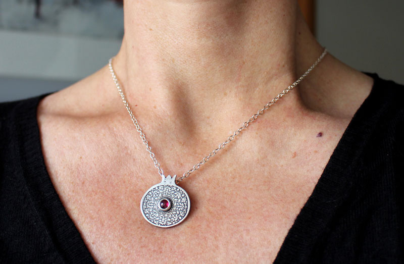 Persephone, pomegranate necklace in silver and garnet