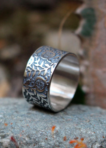 Pomegranate, etched fruit ring in sterling silver