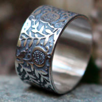 Pomegranate, etched fruit ring in sterling silver