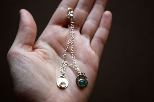 Spring rain, moonstone and green agate anklet and bracelet in sterling silver