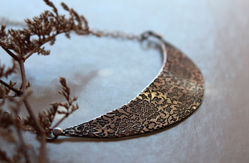 The garden on the moon, floral half-moon bib necklace in sterling silver